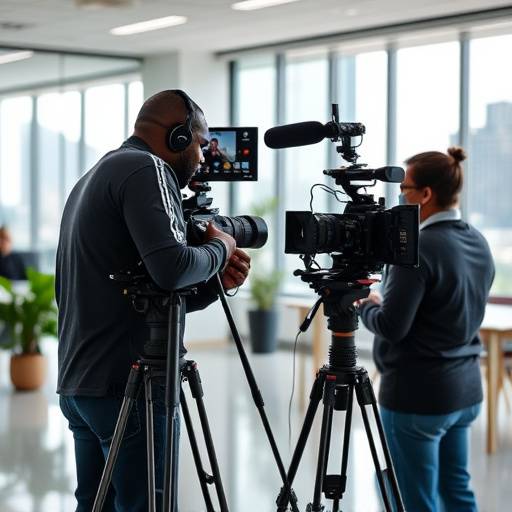 Equipo de filmación grabando un video corporativo en una oficina moderna